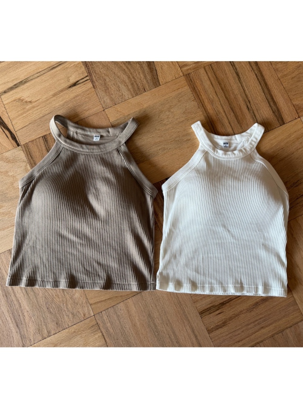 NWOT UNIQLO Ribbed Cropped Bra Halter Top x2 - Beige & White